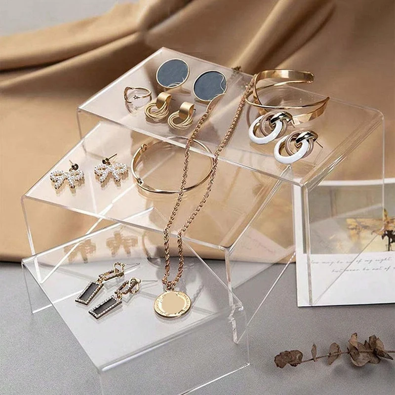 8 peças 2 conjuntos de risers acrílicos pequenos, suporte de exibição acrílico transparente grosso, vitrine de mesa retangular colecionável