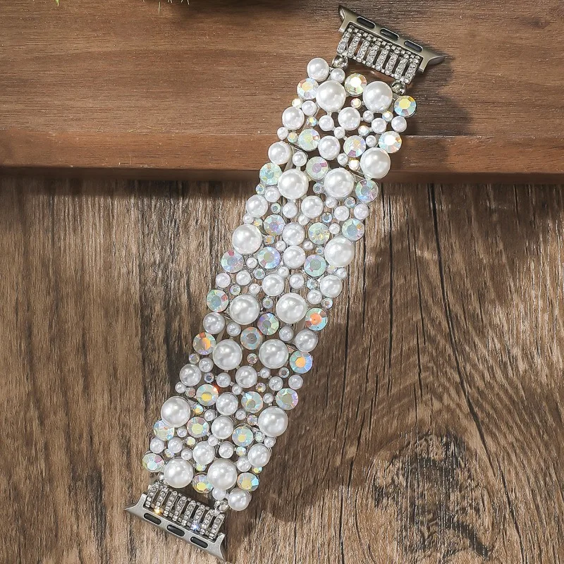Multi‑Layer Pearl Crystal Strap for Apple Watch Series11 10 9 8 7 6 Ultra SE Sparkly Beaded Bracelet Band 38 41 42 45 46 49 44mm