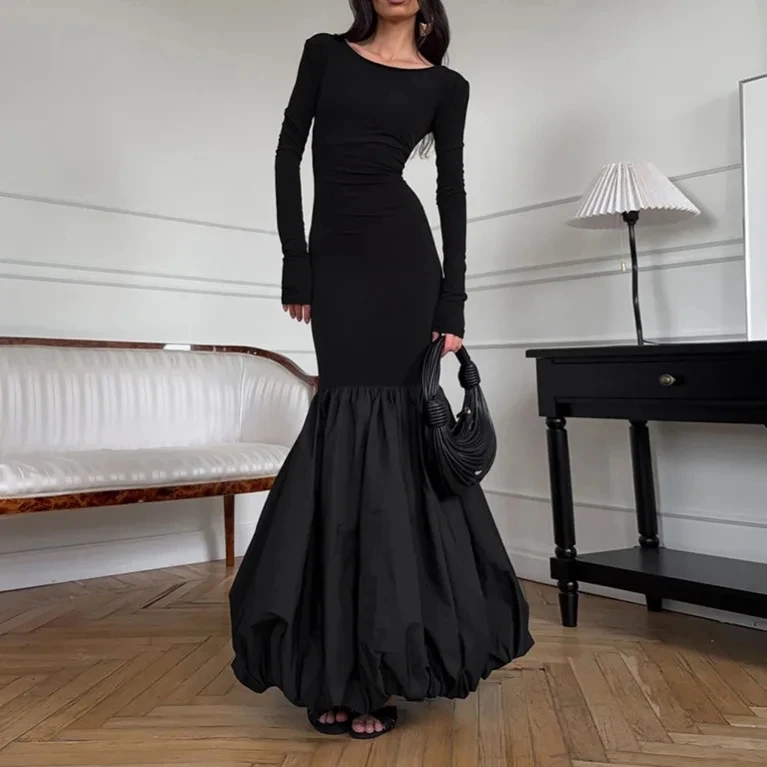 

2026 New Spring Elegant Design Fashion Versatile Long Sleeve Black Patchwork Mermaid Evening Gown Dress Women