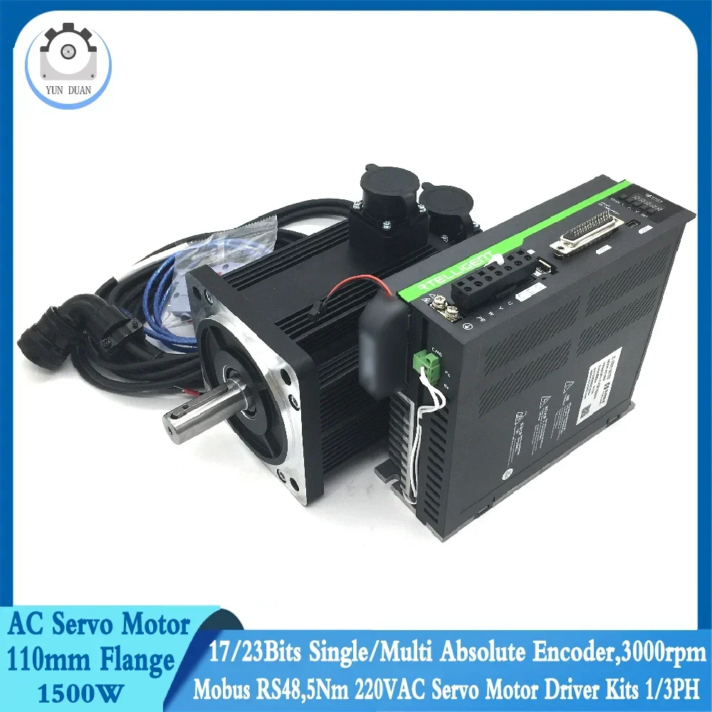 1PH 220VAC Servo Motor 110mm 1500W with Servo Driver 17/23bit Absolute Encoder 3000RPM 5NM Modbus RS485 1.5KW Servo Motor Driver