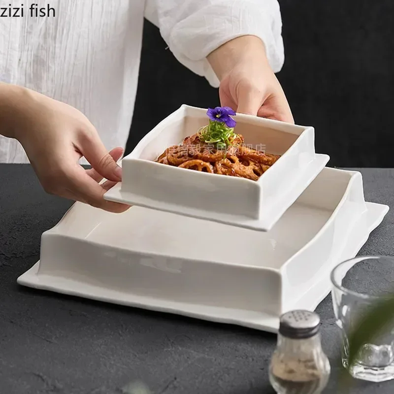 

Pure White Ceramic Square Plate Restaurant Dessert Snack Plate Pasta Dish Salad Plate Serving Plates Molecular Cuisine Tableware