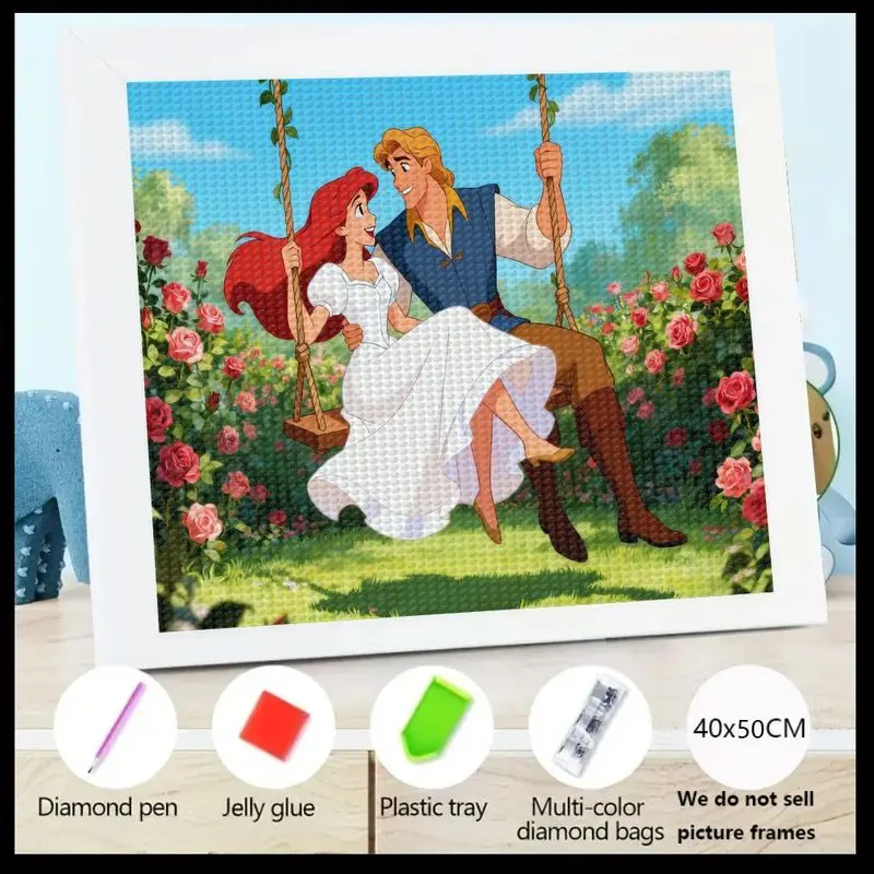 

1PC Disney Little Mermaid Ariel & Prince Eric 5D DIY Diamond Painting Kit, Romantic Couple on Swing in Rose Garden, Full Square