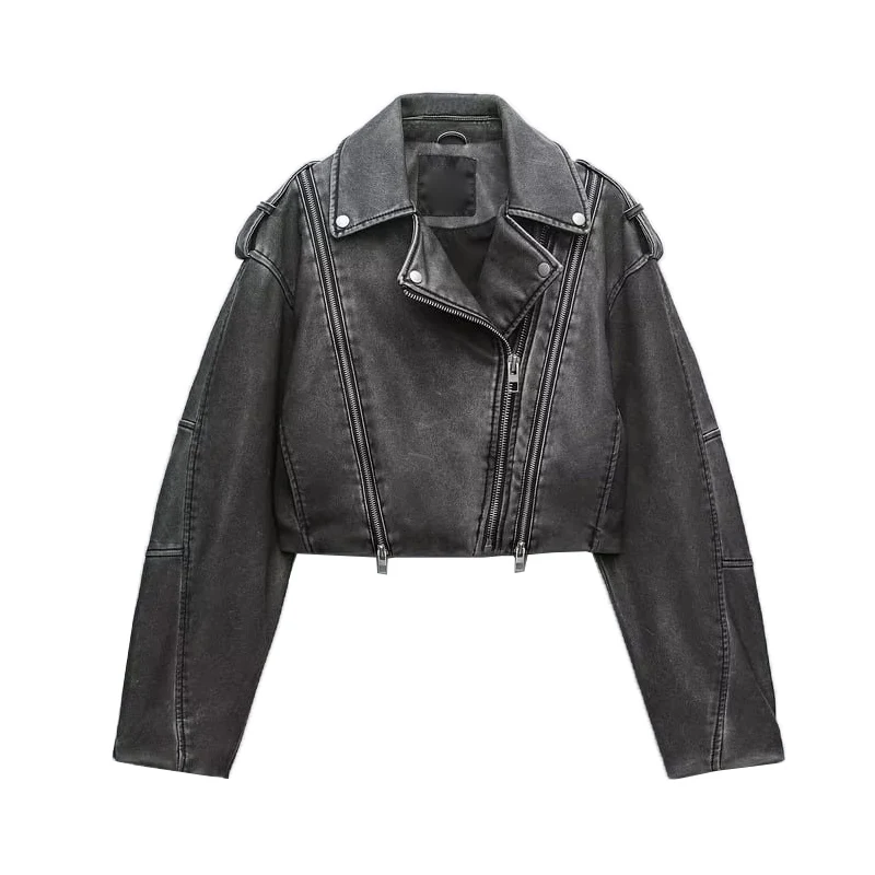 

Retro American Design Faux Leather Motorcycle Jaet Spring New Sle Worn Effect Outerwear ort Coat for Women Collar ...