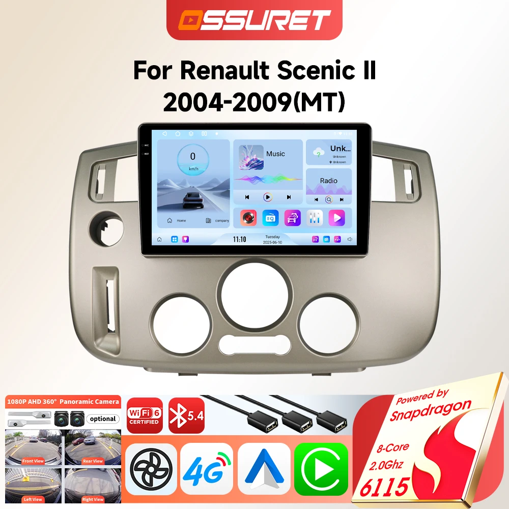 Android Autoradio für Renault Scenic II 2004-2009 Multimedia-Video Drahtloses Carplay-Player WiFi 6115 Stereo WIFI 360cam