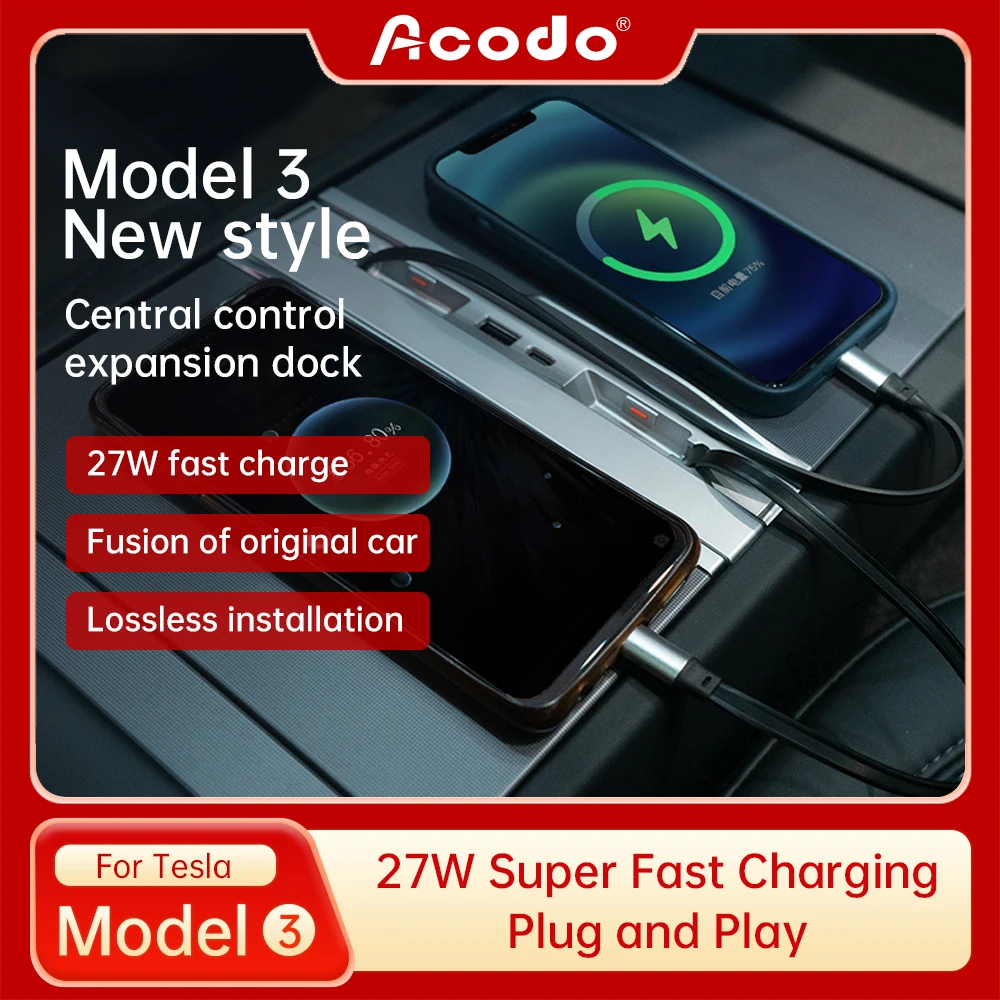 For Tesla Model 3 High land USB Hub 4-Port 27W Fast Charging with 80cm Telescopic charging cable Smart Docking Station Adapter