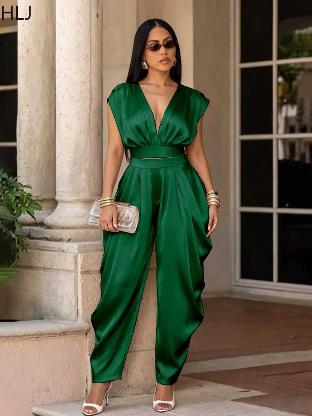 HLJ Women 2 Piece Outfit Deep V Neck Cap Sleeve Crop Top and High Waist Wide Leg Pants Set Matching Elegant Streetwear Summer