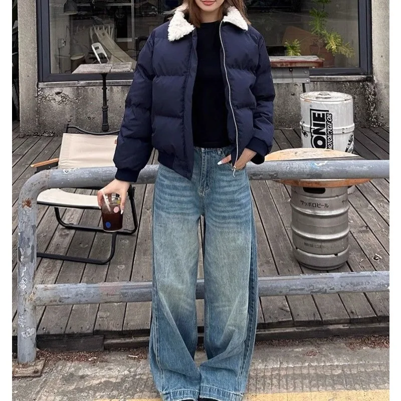 

American Retro Short Thick Color-blocked Fur Collar Cotton-padded Coat New Winter Style Casual and Warm Puffer Coat