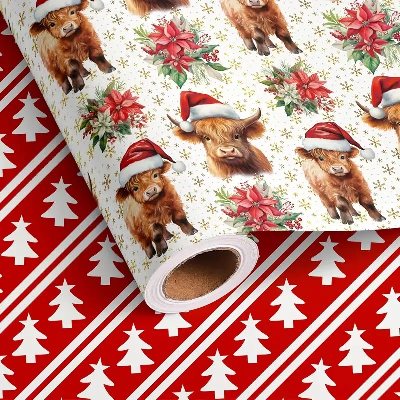 1 Roll Highland Cow Floral Wrapping Paper, Animal Print Long Roll Gift Wrap for Gift Box Birthday Holiday Party DIY Crafts