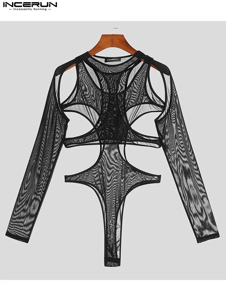 Men Bodysuits Mesh See Through Pajamas 2023 Hollow Out Solid Underwear Sexy O-neck Long Sleeve Men Irregular Bodysuit INCERUN