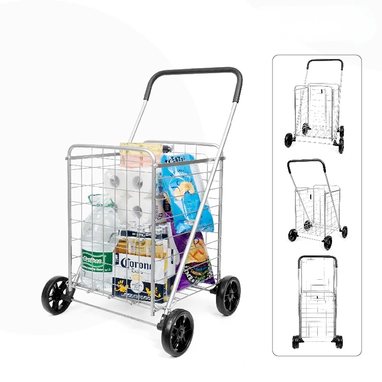 50 Pounds White 4 Wheels Utility Cart Large-sized Sturdy Steel Frame Folding Cart for Grocery Shopping Transporting Laundry