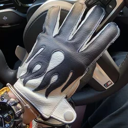 LUXURY New Locomotive Retro Sports Leather Gloves Men Winter 100% Deer Skin Touch Screen Fleece Lined Warm White Mittens Gift