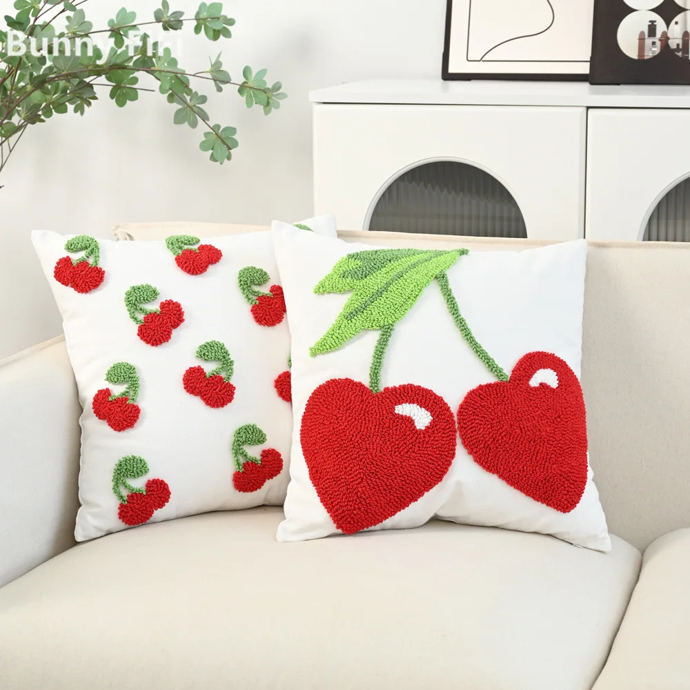 3D cherry Embroidered Cushion Covers Boho Decorative Throw Pillow Cover with Zipper for Living Room Sofa Bed Aesthetic Decor