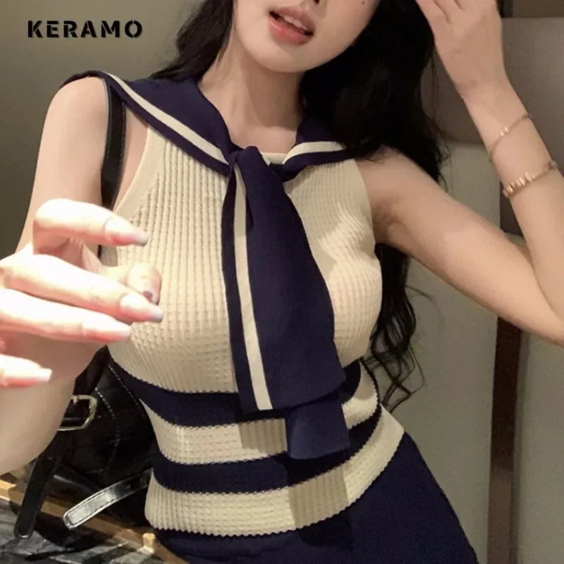 

Korean Casual Patchwork Sleeveless Hotsweet Tanks Top 2024 Summer Fashion Slim Fit Knitting Lace-up Top Elegant Sexy Sheath Vest