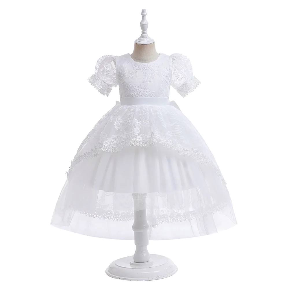 

Girls Party Dresses 4Y-7Y Kids White Dress Wedding Children Birhday Trailing Skirt Ball Gown Emebroidery Puff Sleeve