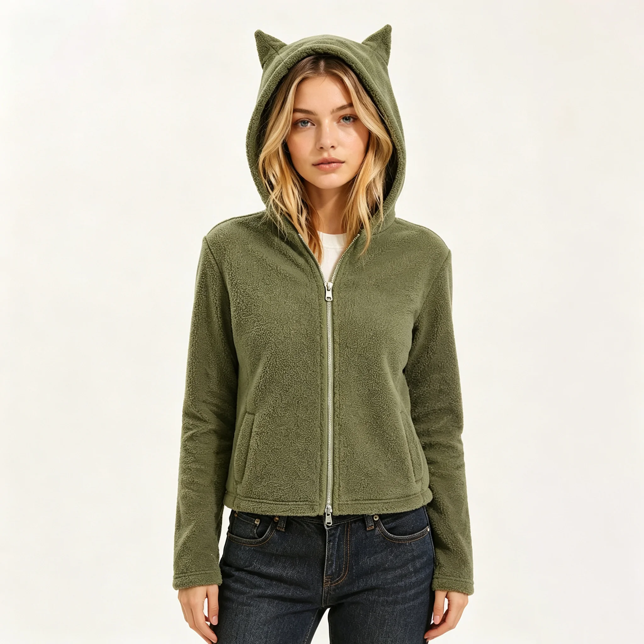 RU 2026 Cute Cat Ear Hooded Fleece Jacket Full Zip Front Side Pockets Cropped Long Sleeve Soft Plush Casual Outer Coat