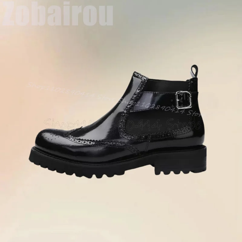 Black Carving Design Buckle Decor Ankle Boots Fashion Slip On Men Boots Luxurious Handmade Party Banquet Office Men Dress Shoes