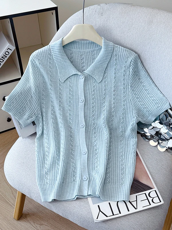 

2026 Summer New Hollow out Collar Open Cardigan Women's Simple Design Ice Silk Linen Knitted Shirt Short Sleeve Top