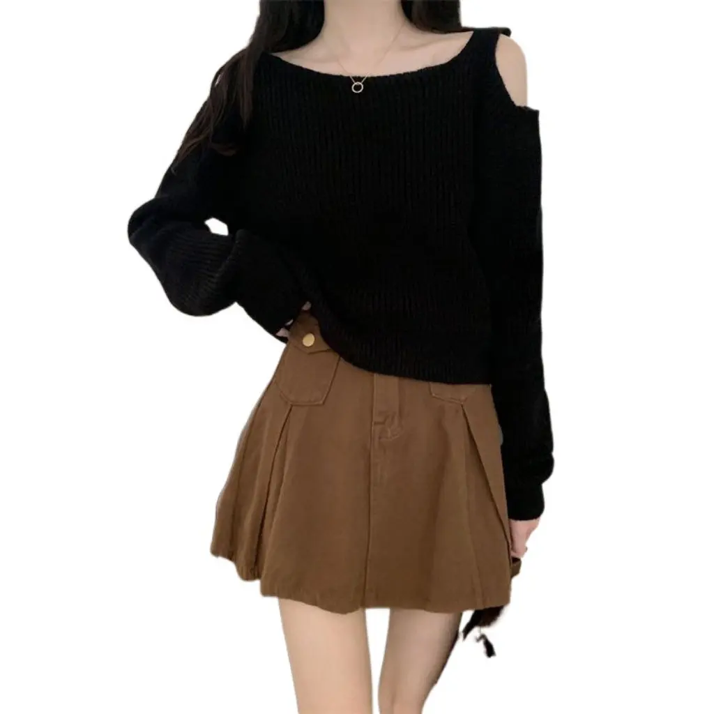 

Женский вязаный топ с открытыми плечами Design Sense, элитный осенний шикарный нишевый короткий свитер с длинными рукавами и базовым слоем