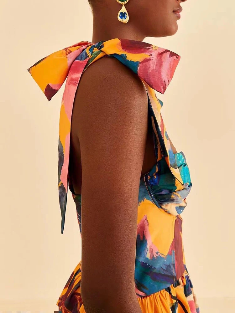 VGH Spliced Lace Up Printing Casual Dresses For Women Square Collar Sleeveless High Waist Backless Colorblock Dress Female New