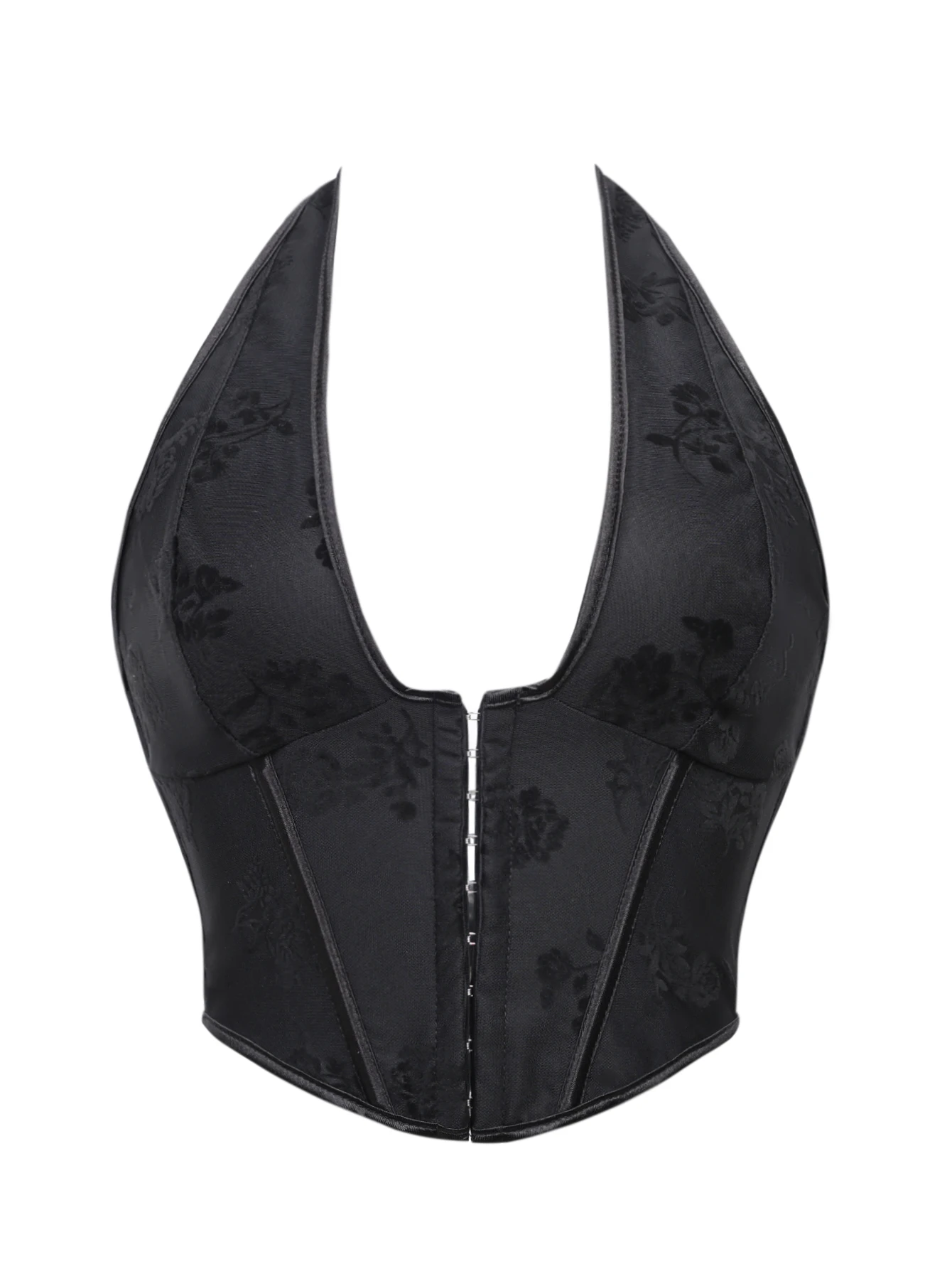 Damen Gothic Korsett in Schwarz mit Blumenmuster, Jacquard, Neckholder, Vorderverschluss, Schnürung hinten, Party-Bustier-Top