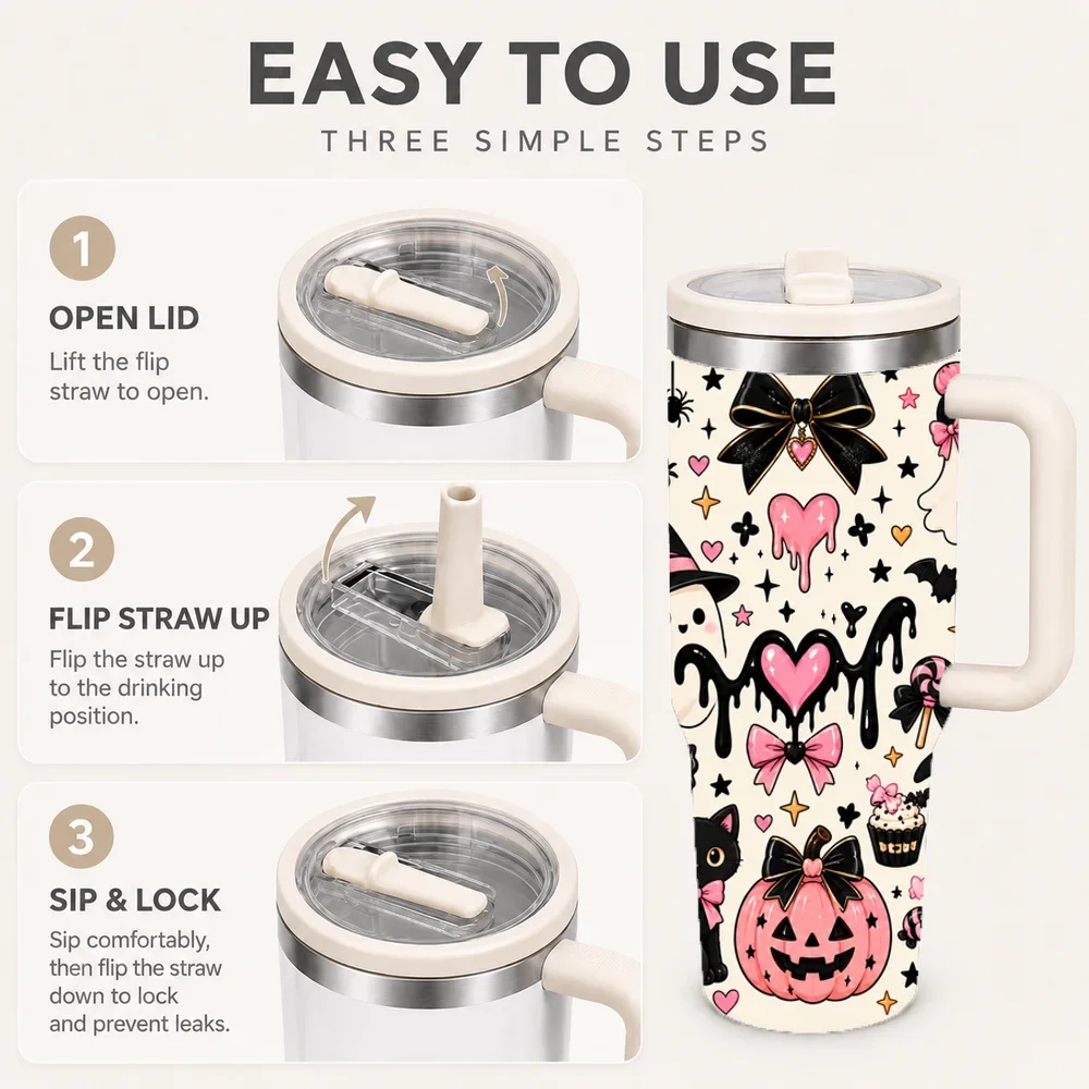 Cute Spooky Candy Vacuum Flasks 40oz Stainless Steel Insulated Tumbler with Handle & Straw Lid, Leakproof Travel Cup