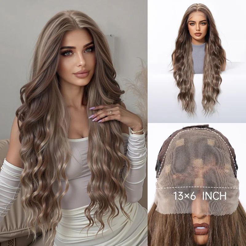

Large area 13*6 imported silk lace wig for women, with customizable parting, dark brown highlights, long curly hair