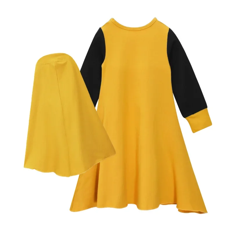 Modest Islamic Muslim Girls Prayer Dress Abaya Jilbab for Baby to Kids 1-10Y With Hijab Ramadan Bow Yellow Black Contrast Color