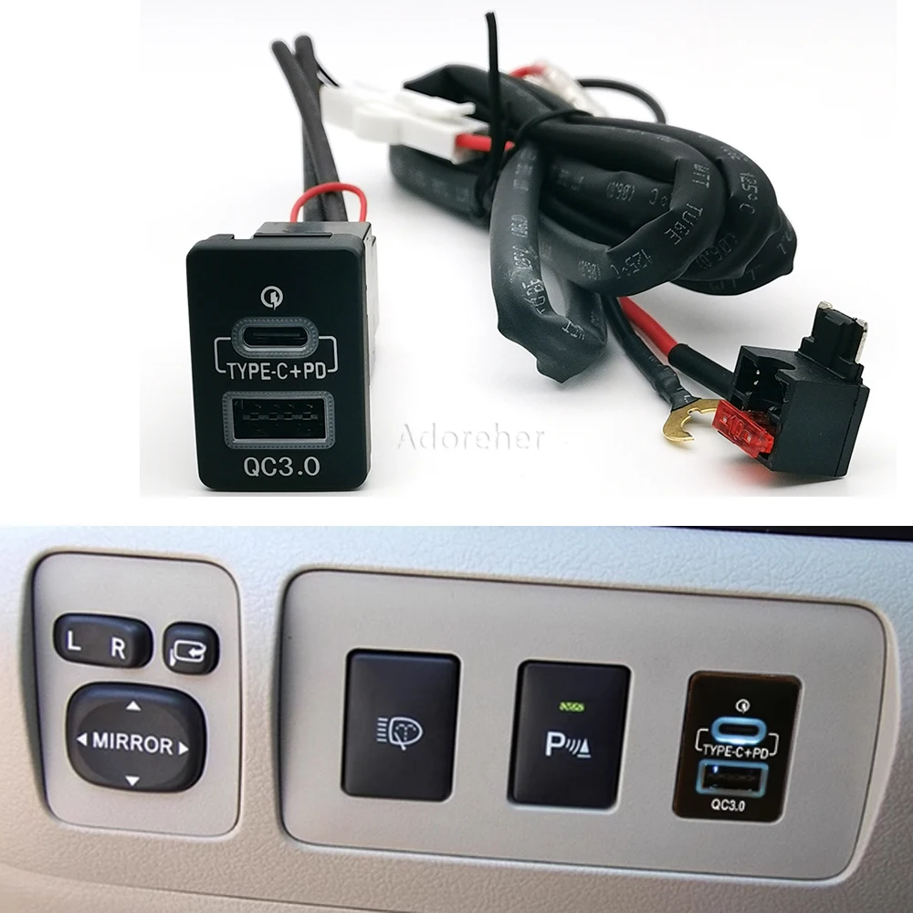 

Car Dual Charger USB QC3.0 Type-C PD Charger Socket Power Adapter for Toyota Camry Corolla Land Cruiser PRADO RAV4 07 - 14