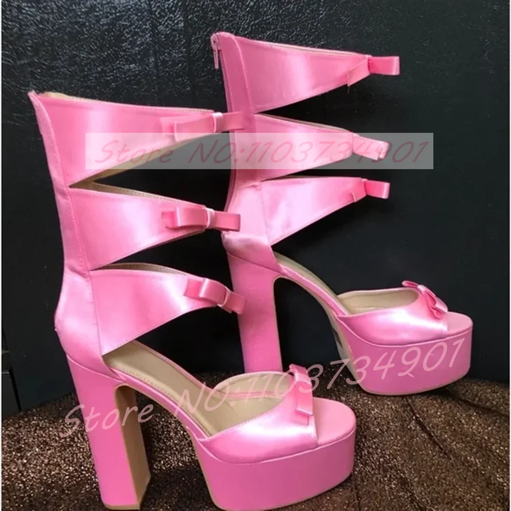 

Pink Satin Bow-Knot Cut-out Sandals Women Chic Ankle-Wrap Platform Open Toe Chunky Heels Sandals Feminine Sweet Fashion Sandals