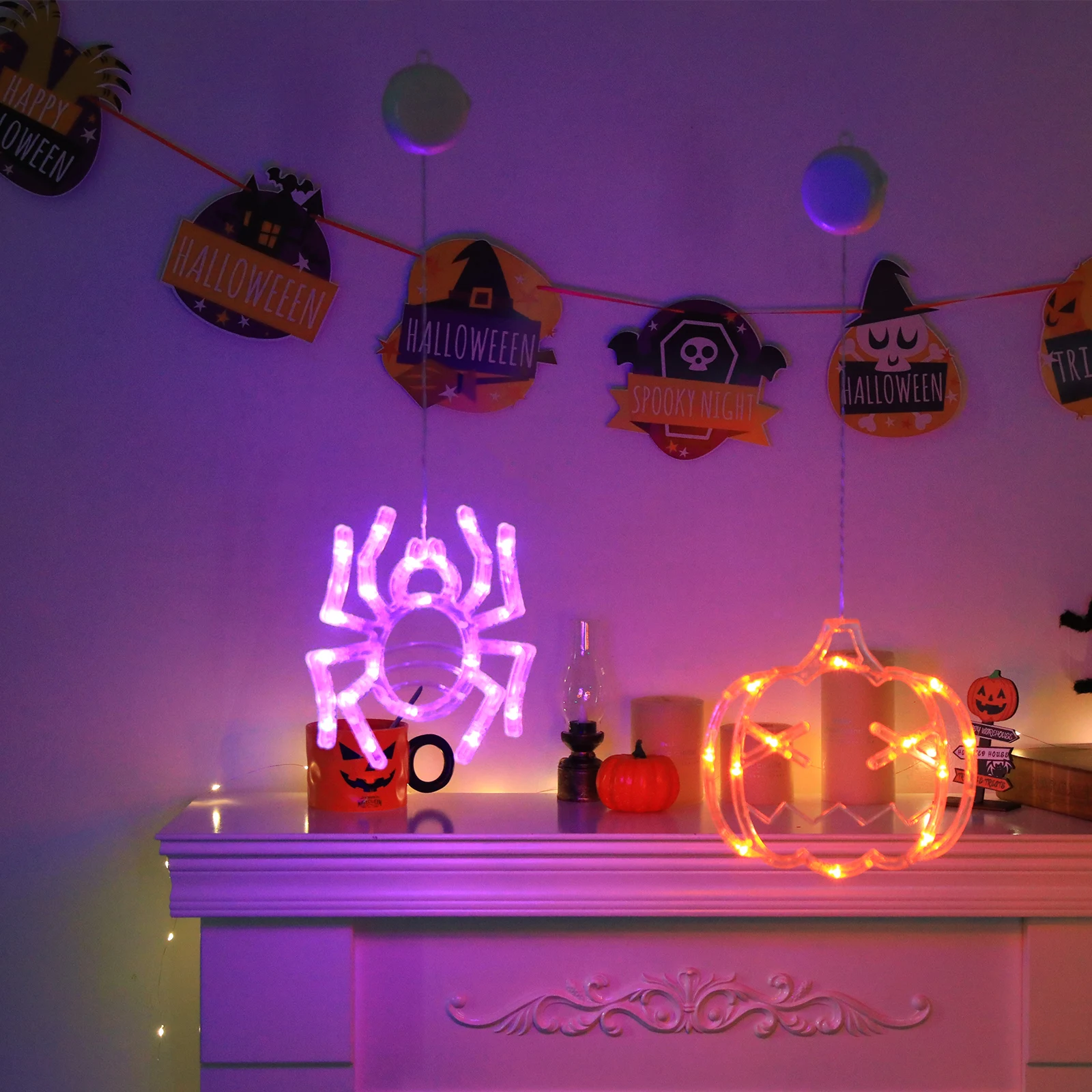 Multicolor Halloween Pendant Lights, Pumpkin Spider Witch Hat Hanging Lights, Suction Mount Design for Haunted Atmosphere Decor