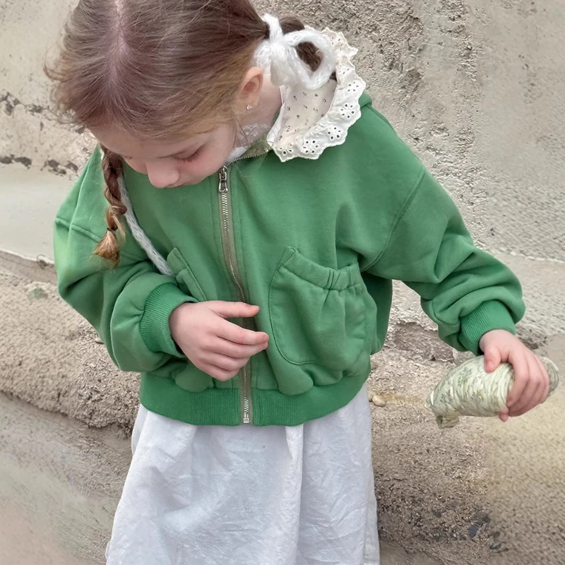 

2025 Autumn New Children's Lace Floral Collar Splicing Hooded Zipper Cotton Hoodie Jacket