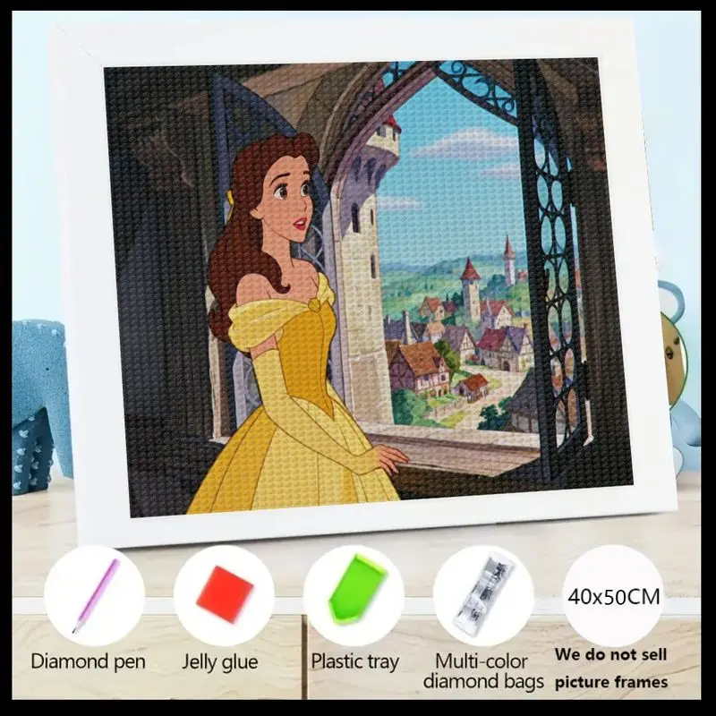 

1 шт., набор для алмазной живописи «сделай сам», «Принцесса Диснея Белль» из «Красавица и чудовище», вид на окно, полная дрель, большой размер 40x50 см Cr
