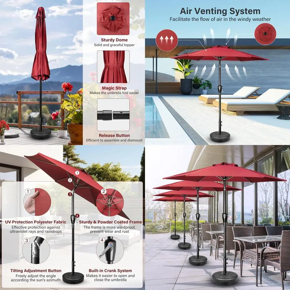 

Зонт для патио 7,5 футов с кнопочным/ручным механизмом открывания, 6 спиц, для улицы, сада, террасы, двора, бассейна - Красный