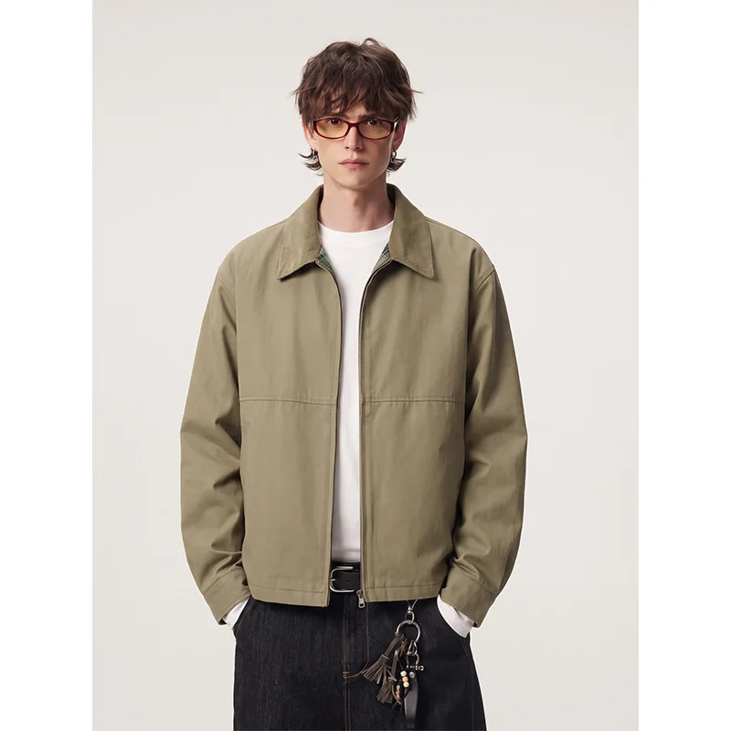 Vintage short lapel tooling jacket men's washed cotton loose stiff Harrington casual jacket