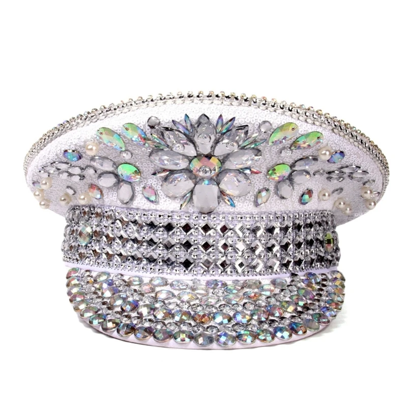 Elegant Captain Hat for Bride Shimmering Captain Hat Hat for Music Festivals Crystals Captain Hat