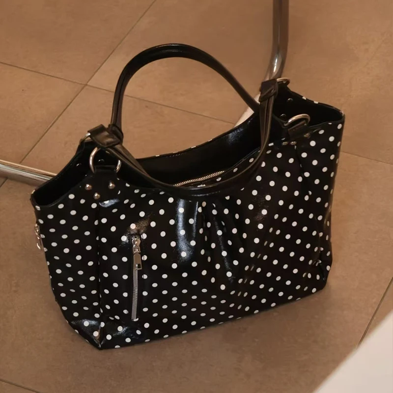 

Polka Dot Underarm Handbag Korean Style, Retro Black White Shoulder Bag With Lock Charm, Casual Work Tote For Women
