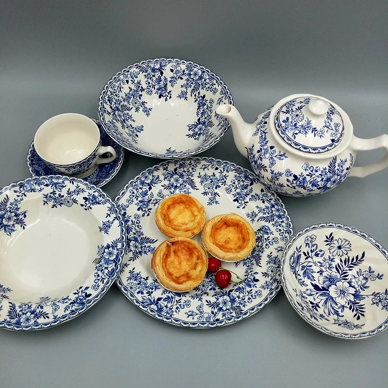 Foreign Trade  British Jbs Blue White Western Tableware Soup Bowl Sucrier Pot Steak Flat Plate Suit Devonshire