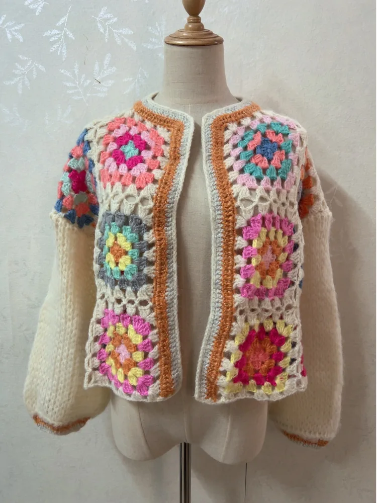 2023 BOHO Rose Pink Plaid Flower Hand Crochet Cardigan Ethnic Woman O Neck Full Sleeve Open Stitching Sweater Knitwear Jumper