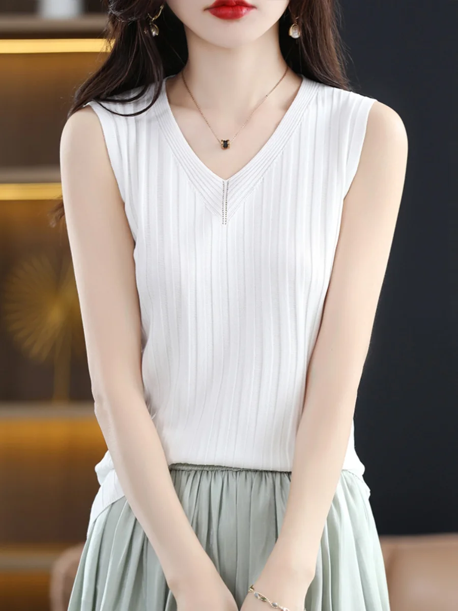 Ceco de punto de seda helada para mujer, sexy, ajustado, sin mangas, con aberturas, cseta interior que combina con traj...