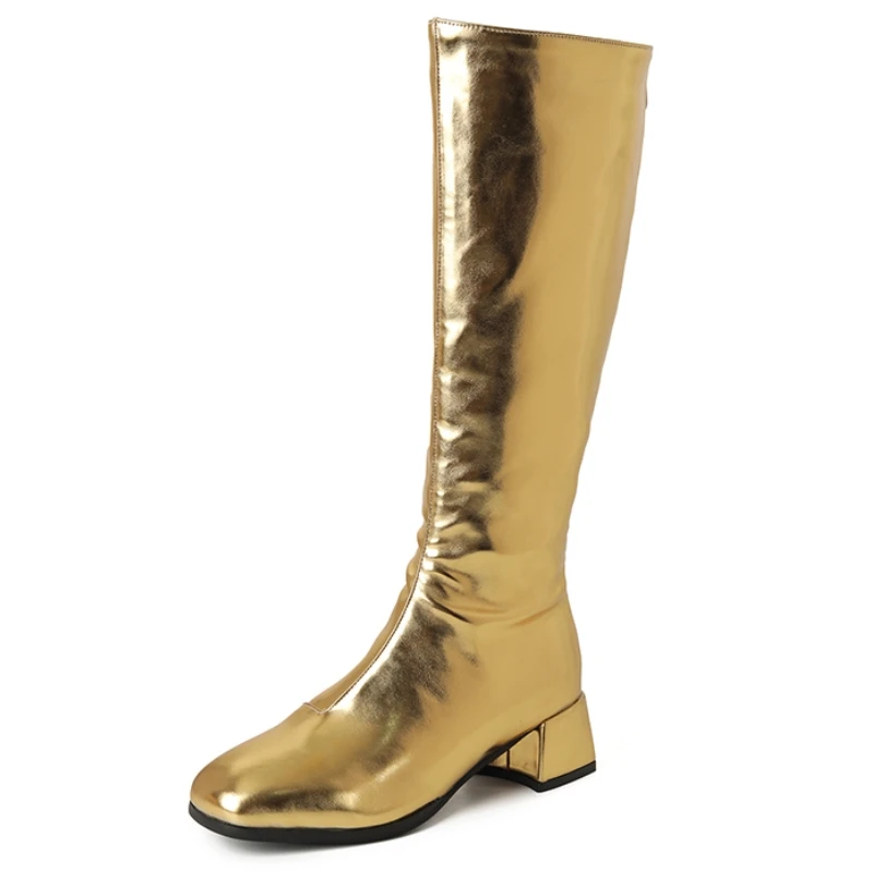 Women\'s Knee High Boots Winter Shoes 2025 Gold Silver Low Heeled Long Boot Ladies Party Footwear Shoes Large Size 45 Waterproof