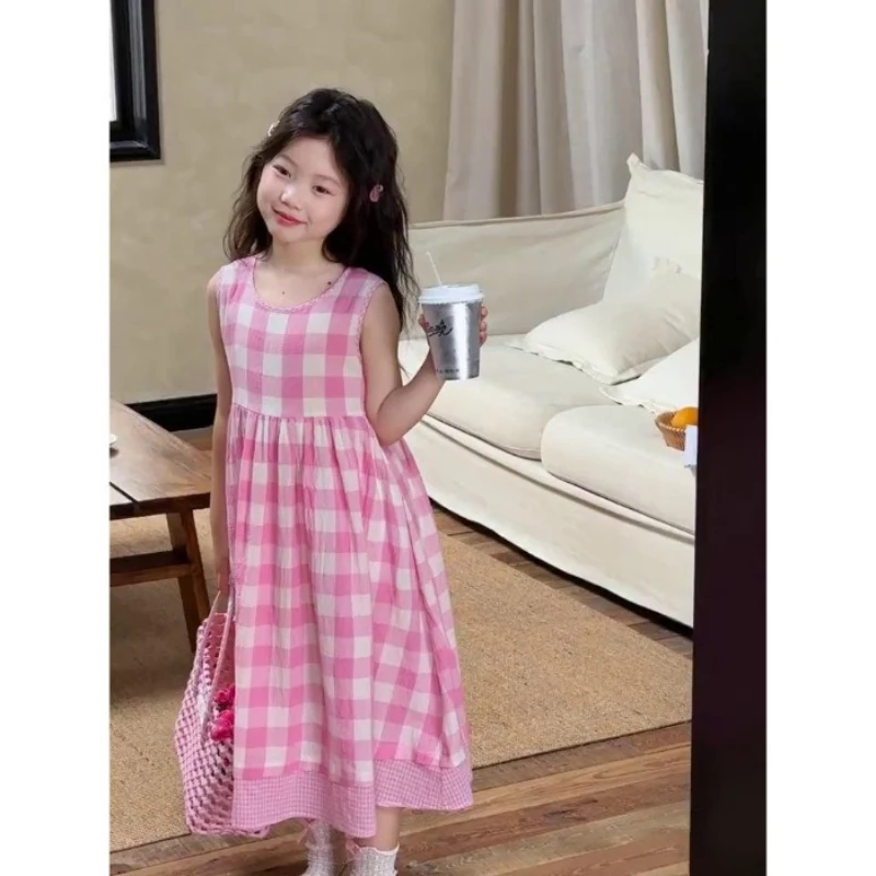 

2026 New Summer Girls Korean Fashion Casual Dress Older Kids Trendy Plaid Sleeveless Princess Loose Breathable