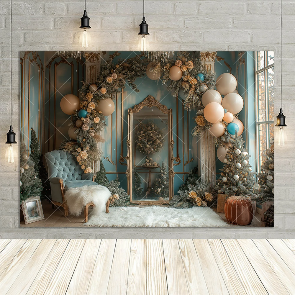 Christmas Tree Forest Photography Backdrop Xmas Balls Arch Wreath Door Green Kid  Winter Photo Custom Background Studio