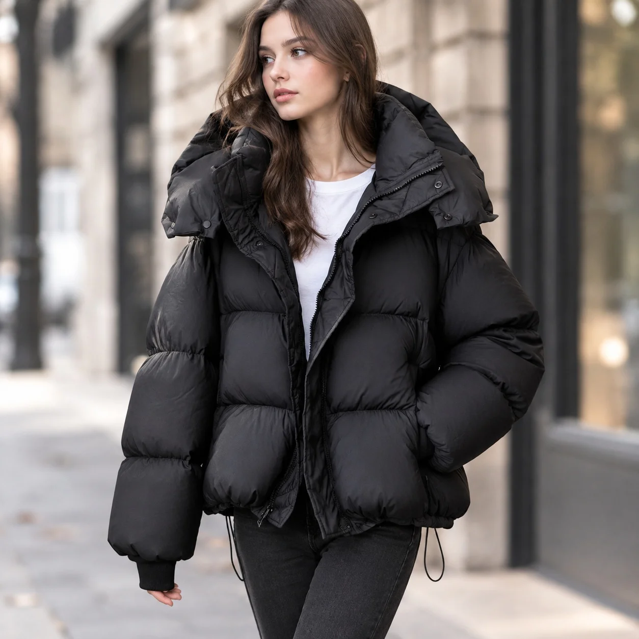 Loose Fit Hooded Coat Short Length Commuter Chic with Extra Thick Winter Coat Regular Sleeve Workwear Puffer Jacket for Women