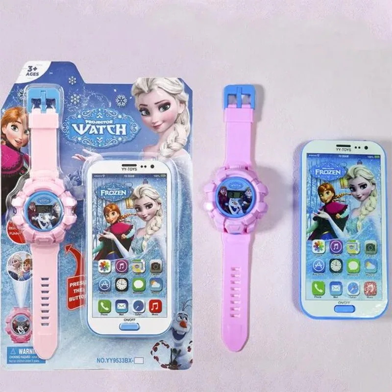 Disney dibujos animados Mickey Frozen Kawaii teléfono móvil modelo dibujos animados Elsa reloj de proyección electrónica niños regalos de cumpleaños Juguetes
