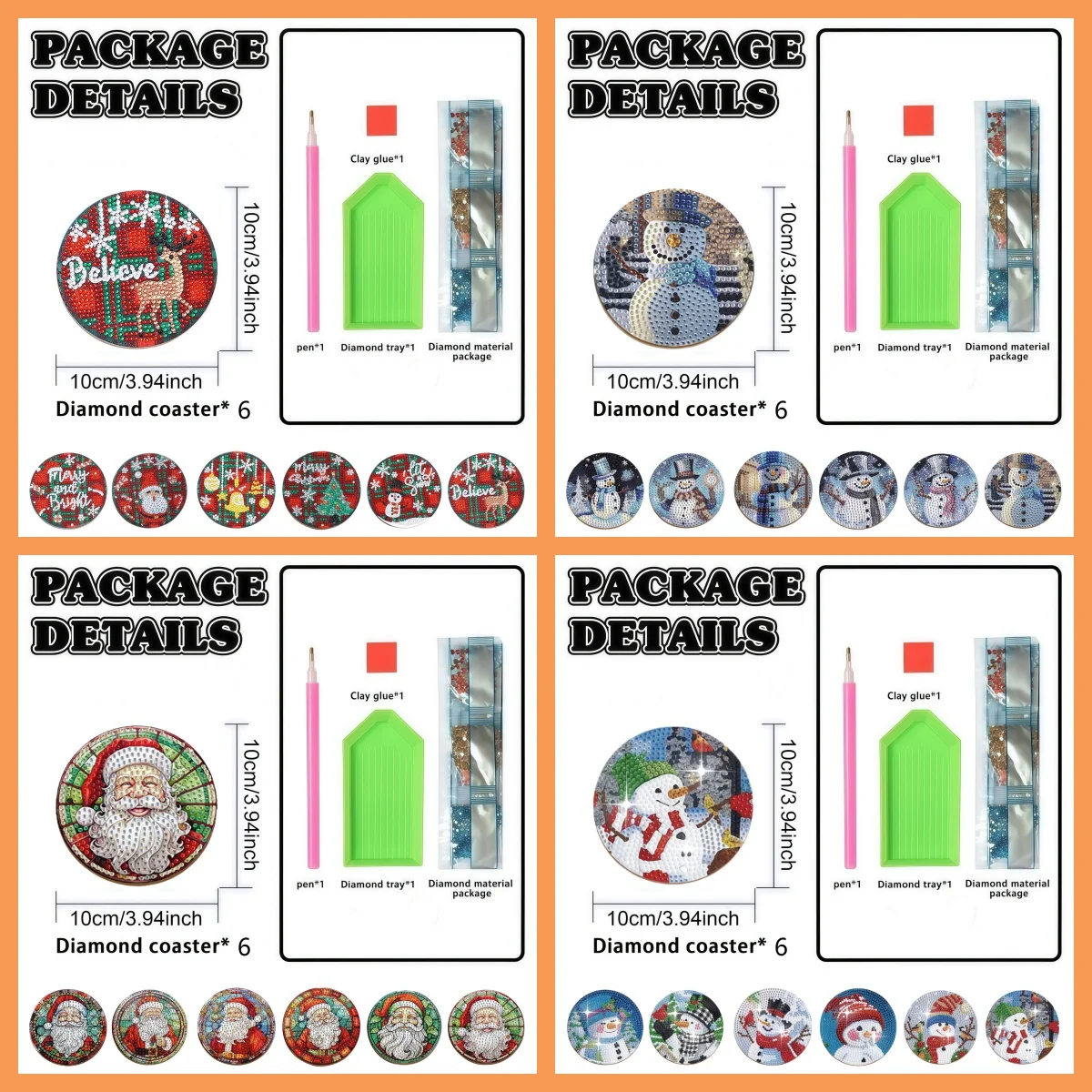 6-Piece Diamond Painting Set Coaster Christmas Snowman Pattern Wooden Coffee Cup Non-Slip Decoration, Christmas Gift