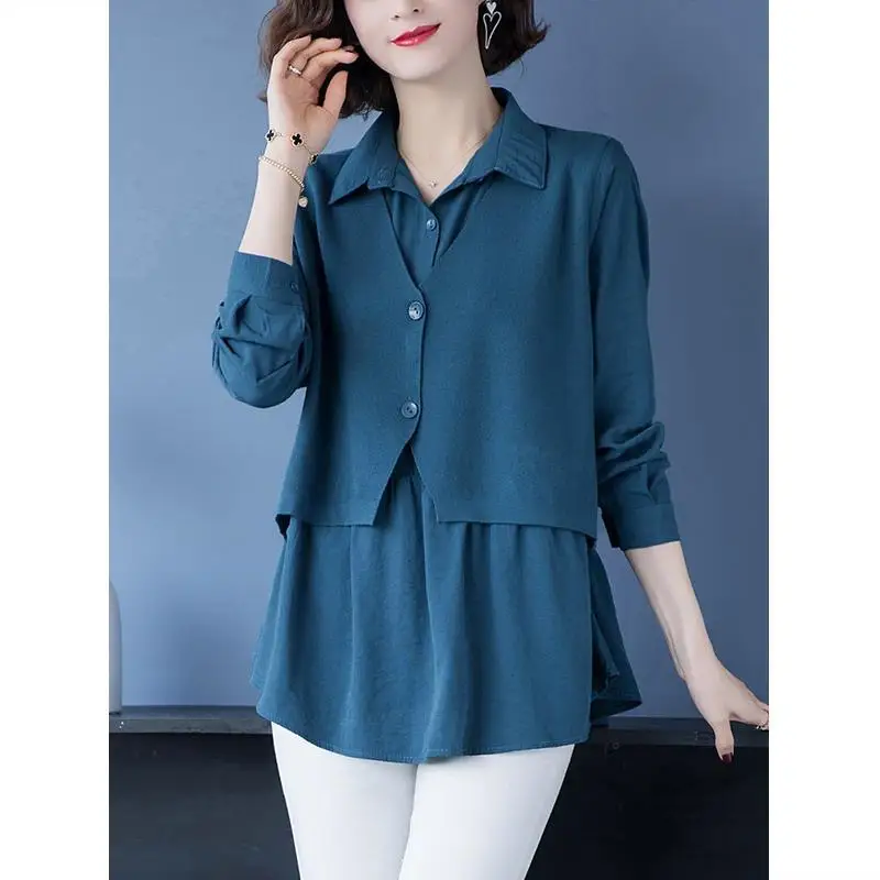 Fashion Lapel Solid Color Spliced Fake Two Pieces Blouses Women\'s Clothing 2023 Autumn Winter Loose Casual Tops Commuter Shirts