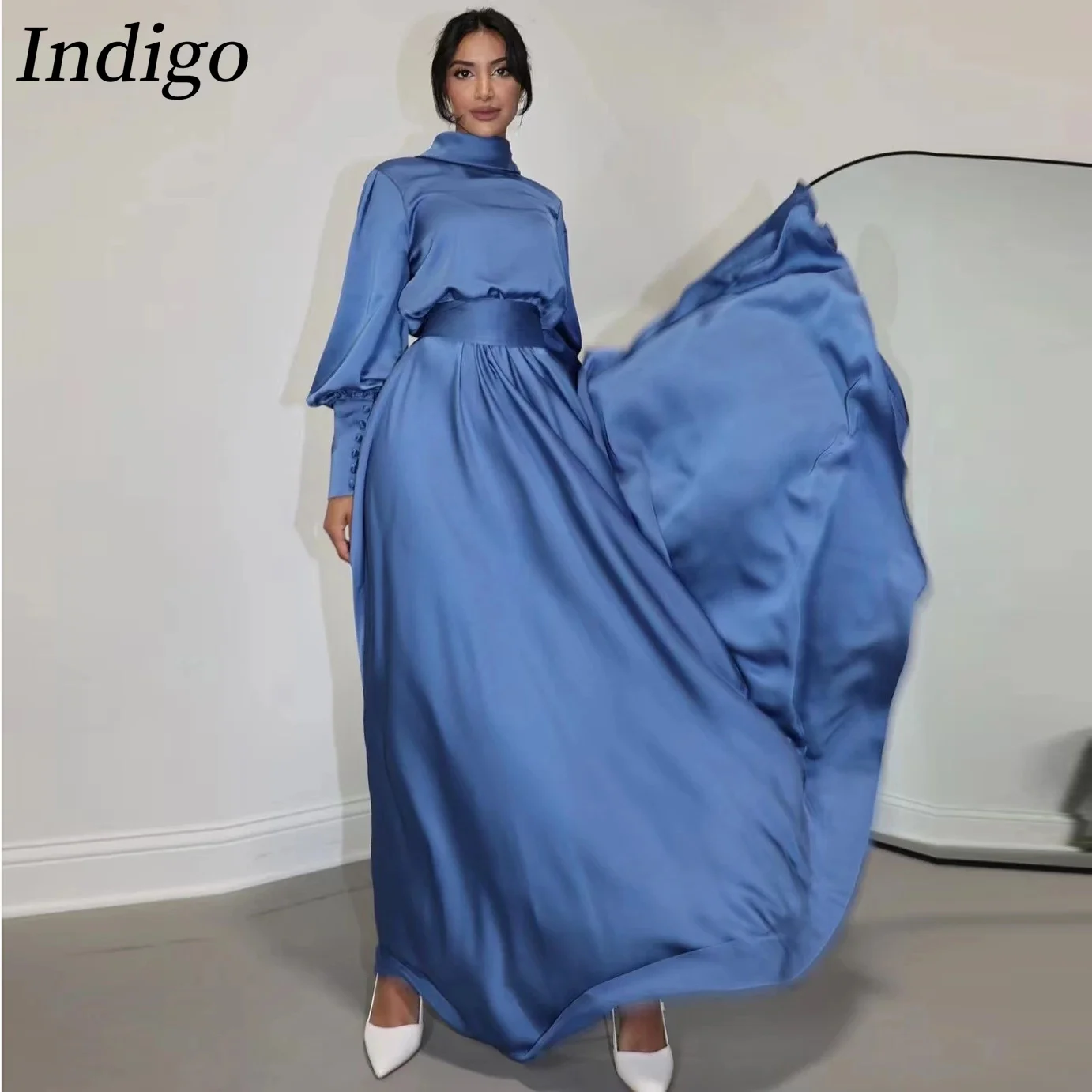 

Indigo Muslim Evening Dresses High Neck Floor-Length A Line Women Elegant Formal Occasion Patry Dress 2024 فساتين مناسبة رسمية