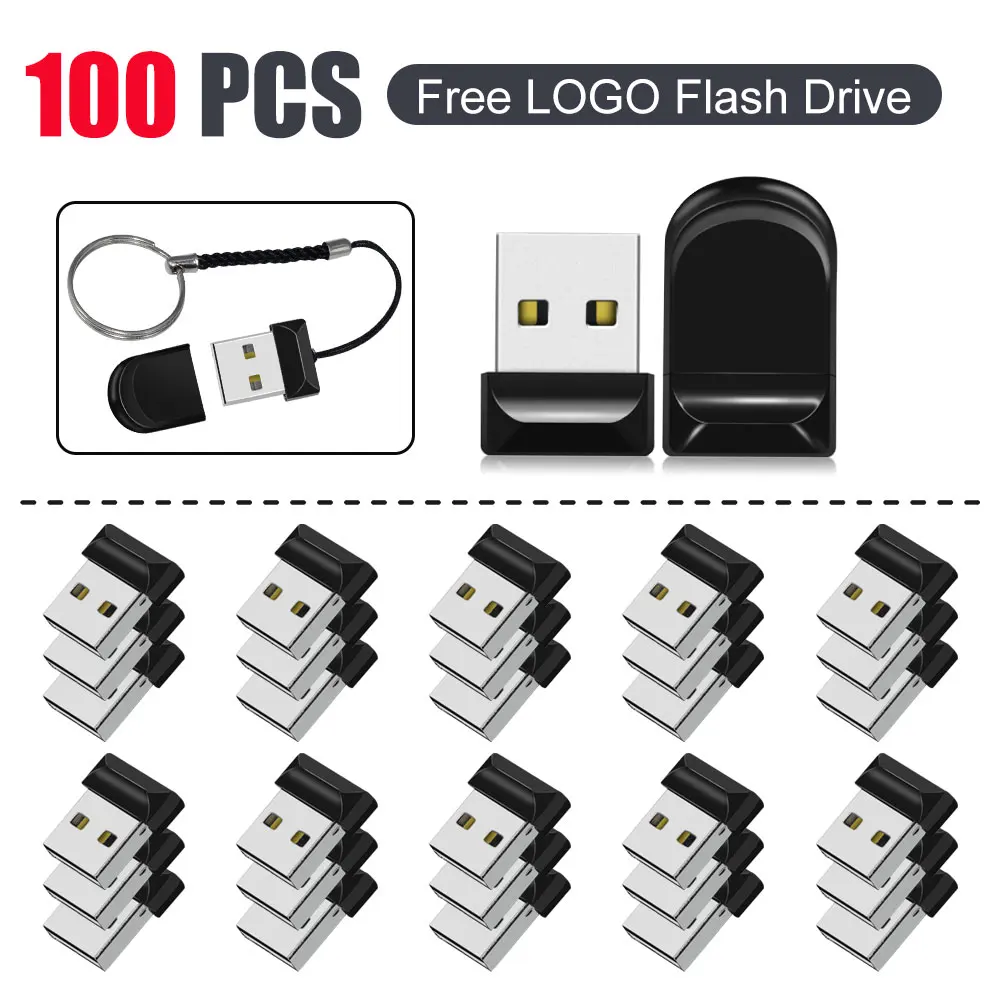 100PCS+Free Custom Logo Super Mini USB 2.0 Flash Drive 64GB Metal U Disk Black Memory Stick Free Key Chain Pen Drives 32GB