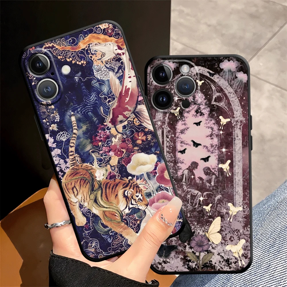 

Черный мягкий чехол для телефона iPhone 7 8 XR 17Air 13 12 11 17 Pro Max 15 16 14 Plus XS Max Cartoon Tiger Art