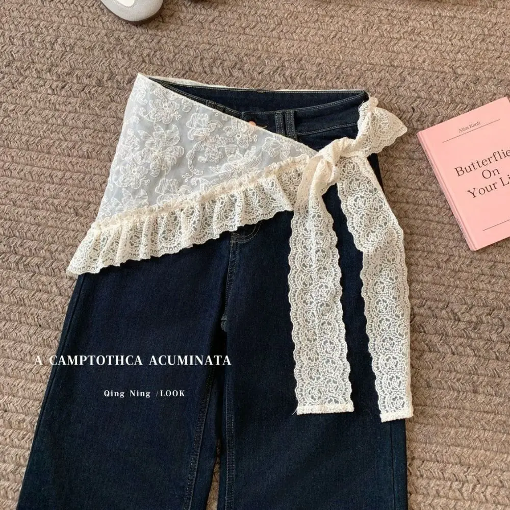 Trendy Lace Trim Lace Mini Skirt Ruffles Jeans Decoration Fart Curtain Pretty Clothing Accessories Apron Wrap Skirt Women